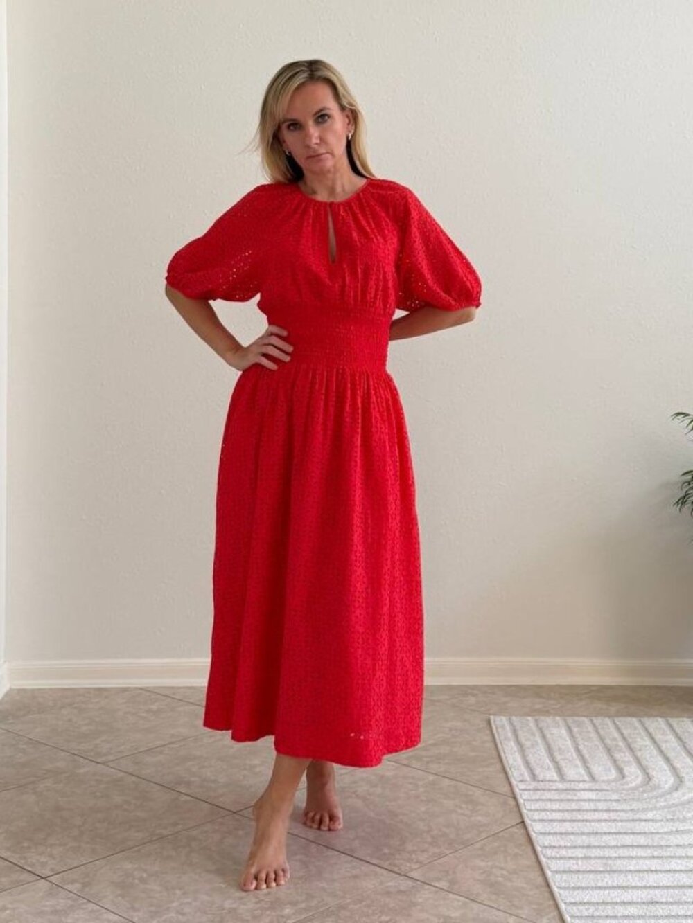 J.Crew Provence Red Cotton Eyelet Smocked Midi Dress Size L NWOT
